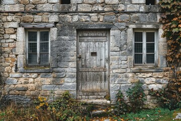 The image of a stone building with a door and windows emphasizes a historical and sturdy feeling.


