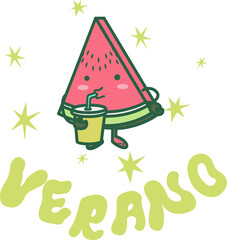 Rebanada de sandia kawaii tomando agua fresca con la palabra verano sin fondo