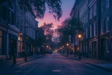 Empty City Street at Dusk with Soft Pink Sky