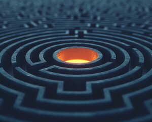 Metaphorical maze with a clear path to a glowing center, answers, problemsolving