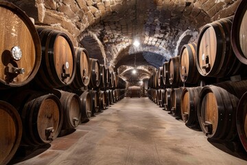 Wine Barrels Lined Up In a Stone Cellar