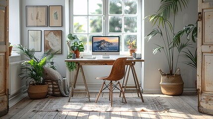 Home office with wooden desk, ergonomic chair, large window, and indoor plants. Scandinavian style interior design.