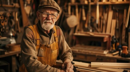 A skilled and experienced senior carpenter is dedicated to a detailed woodworking project in his wellequipped workshop AIG58