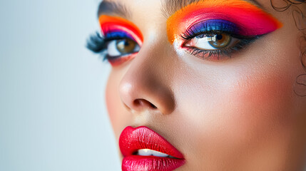Obraz premium Portrait of a woman's face with vibrant makeup and bold lipstick against a clean white backdrop, showcasing beauty and glamour