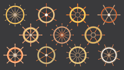 Wooden vintage steering wheels. Ship, sailboat or yacht retro wheel symbol. Colorful nautical rudder icon. Marine logotype design element. Vector illustration