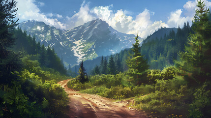 Obraz premium A road in the woods with a mountain in the background