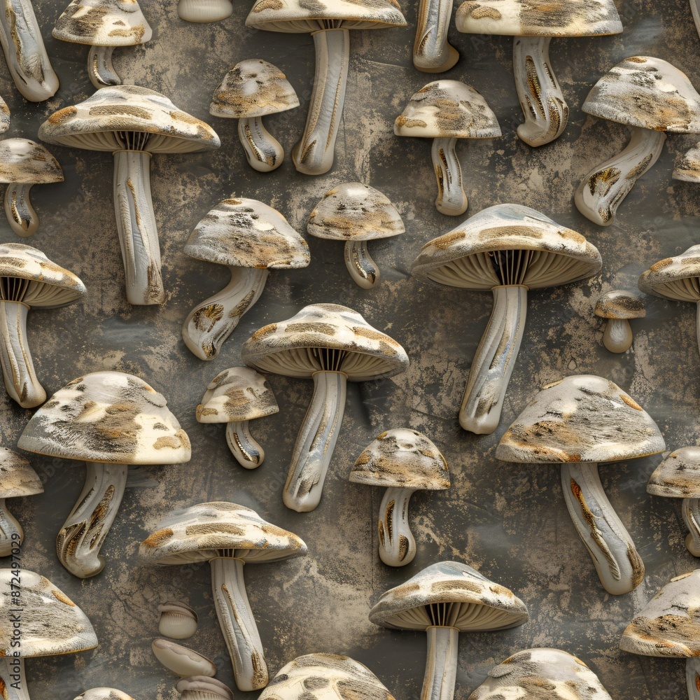 Aufkleber 3d render of mushrooms in a natural setting, organized in rows to form a seamless pattern perfect fo