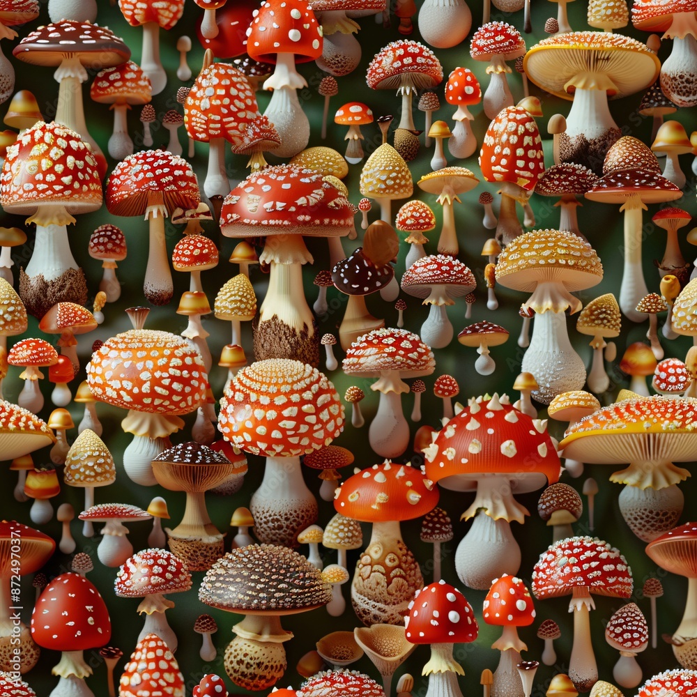 Aufkleber a collection of 3d-rendered mushrooms in a natural setting, forming a seamless pattern with items al