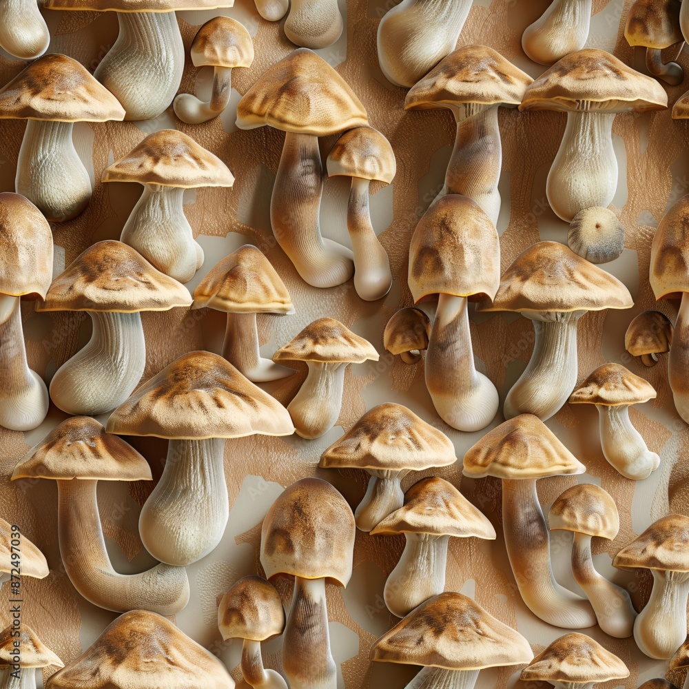 Aufkleber seamless pattern of 3d-rendered mushrooms in a natural setting, arranged in neat rows to create a co