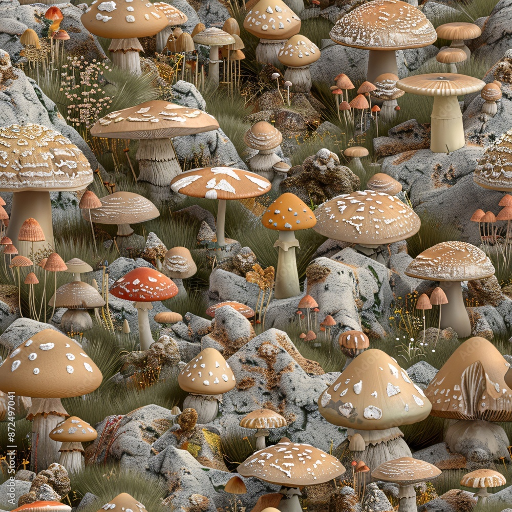 Aufkleber a collection of 3d-rendered mushrooms in a natural setting, forming a seamless pattern with items al