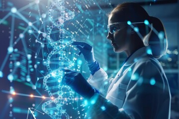 Scientist Interacting with a Holographic DNA Model