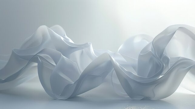 Ethereal veils of semi-opaque material, flowing and folding into abstract shapes, their edges glowing softly in a minimalist, white space.