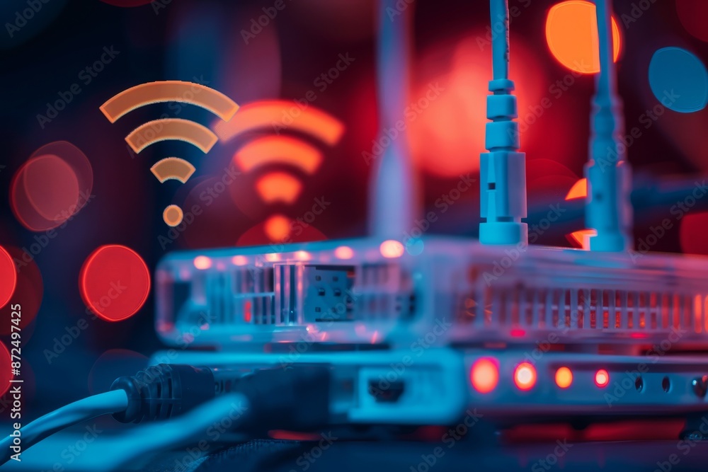 Poster a close-up of a router emitting wifi signals, symbolizing the everyday technology that connects devi