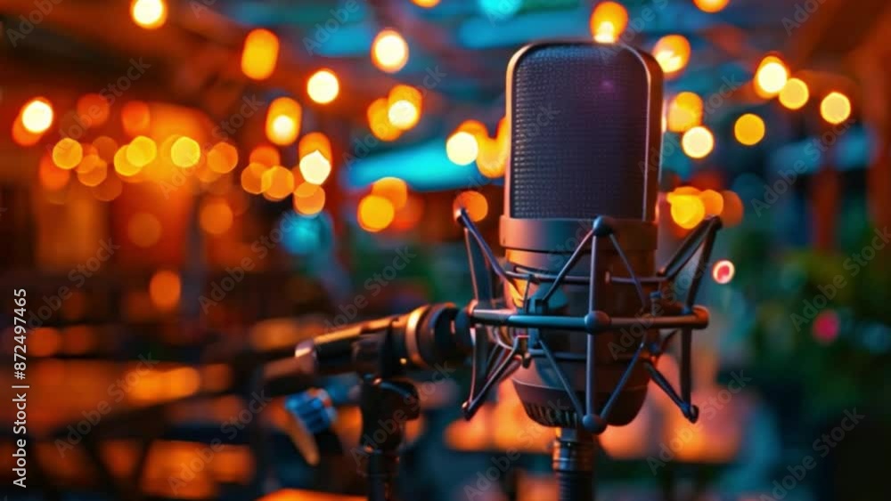 Aufkleber This microphone stands in front of a blurred background with warm and cool lights.