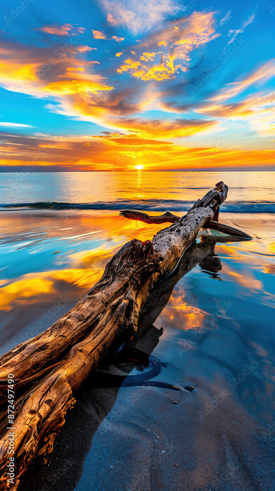 Poster a long log is floating in the ocean with the sun setting in the background