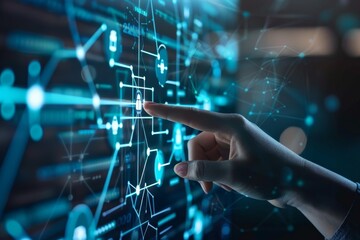 A close-up of a hand touching a virtual interface with network icons, showcasing the interaction and connectivity enabled by advanced network technology