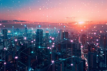 Fototapeta premium A futuristic cityscape with glowing network lines overlaying the buildings, representing the integration of smart city technologies and urban connectivity