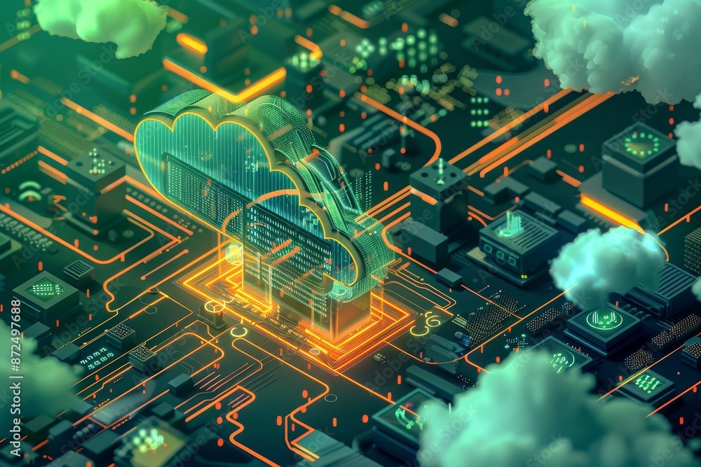 Poster an isometric illustration of a cloud network with servers and data flow, highlighting the importance