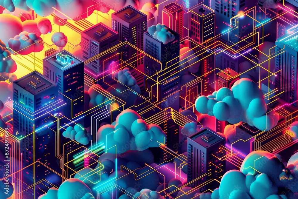 Poster an isometric illustration of a cloud network with servers and data flow, highlighting the importance