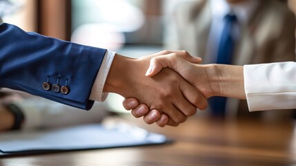 Highly detailed image of business partners shaking hands and smiling after signing a partnership agreement for their startup