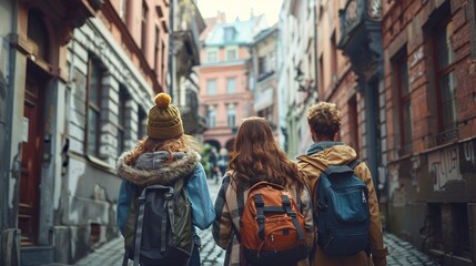 Ultra-sharp photograph of a group of friends exploring a historic city together, capturing their curiosity and togetherness