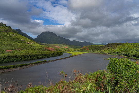 Menehune Fishpond Overlook, Huleia Stream, Kauai, Hawaii, The ʻAlekoko Fishpond is located near the Hulēʻia National Wildlife Refuge, about a half-mile inland from Nāwiliwili Harbor and can be viewed
