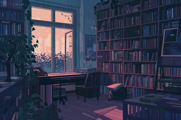 a peaceful study area in a library with soft lofi beats creating a comforting background for focused reading. Cozy vibe, Generative AI