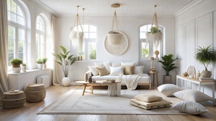 Create a white boho room with light base tones and minimal monochromatic surfaces for a clean and airy look.