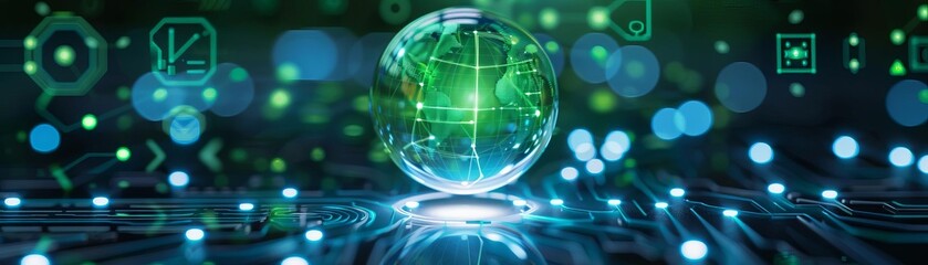 Obraz premium A futuristic digital concept with a glowing green globe interface surrounded by technology icons and circuit patterns, symbolizing global connectivity.