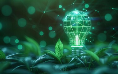 Green energy concept with digital light bulb surrounded by plants, symbolizing innovation, sustainability, and eco-friendly technology.