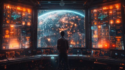 Futuristic Command Center Monitoring Global Data - Generative AI