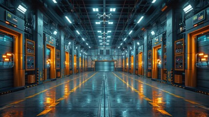 Fototapeta premium Futuristic Industrial Warehouse with High-Tech Equipment - Generative AI