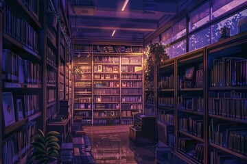 Obraz premium a silent study area in a library with soft lofi beats providing a soothing backdrop for focused learning. Cozy vibe, Generative AI 
