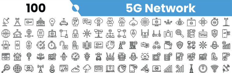 Set of 100 outline 5G Network icons. Vector illustration