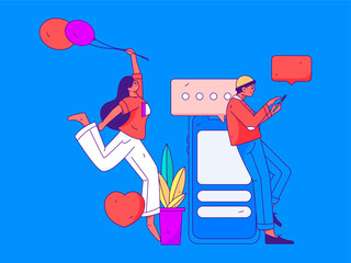 Virtual characters social communication concept business flat vector hand drawn illustration
