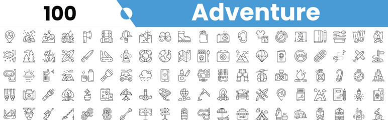 Set of 100 outline adventure icons. Vector illustration