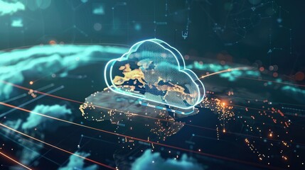 Cloud computing for data storage and transfer for safety, Cloud icon with data icon on the background world map, Futuristic technology global network data connection. 