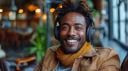 Smiling Man with Headphones in Cozy Cafe - Generative AI