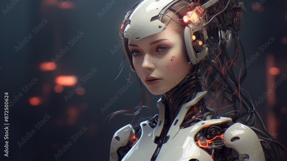 Poster closeup image of futuristic beautiful female robot creating, future technology of humanoid assistanc