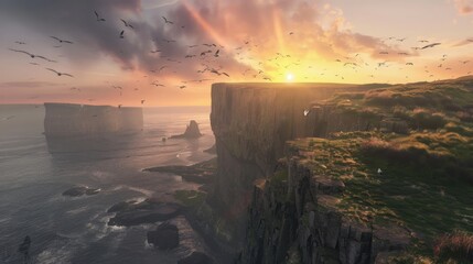 CG 3D detailed panoramic view of coastal cliffs at dawn