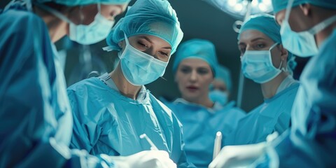 A focused team of surgeons in blue scrubs performing a surgery in a well-lit operating room, showcasing medical teamwork and expertise.