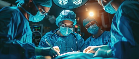 A team of surgeons performing a complex operation under bright surgical lights in a modern operating room.