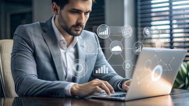 Digital marketing commerce online sale concept, Businessman use laptop with advertising on website. planning advertising marketing strategies to target social media native, ad, advertisers, sales.