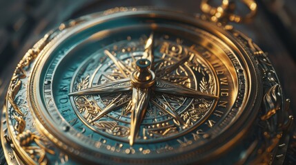Fototapeta premium Frontal view of a vintage brass compass