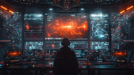 Futuristic Control Room with High-Tech Monitors - Generative AI