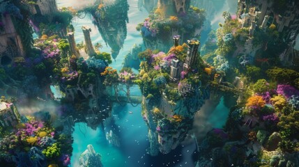 Fototapeta premium A birds-eye view of a fantastical world brimming with floating islands