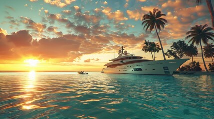 A long shot of a luxury yacht anchored in pristine turquoise waters, surrounded by tropical palm trees, with a golden sunset painting the sky, photorealistic digital rendering