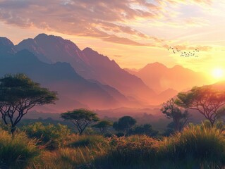 Long shot of a serene mountain range during sunrise