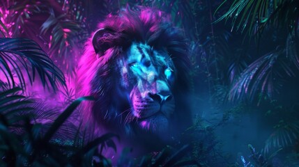 A low-angle view of a majestic, surreal lion with bioluminescent fur, glowing softly, prismatic colors reflecting through a misty jungle, digital CG, photorealistic
