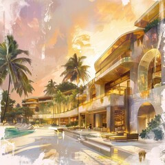 Naklejka premium A luxurious panoramic vista of a tranquil beachside resort